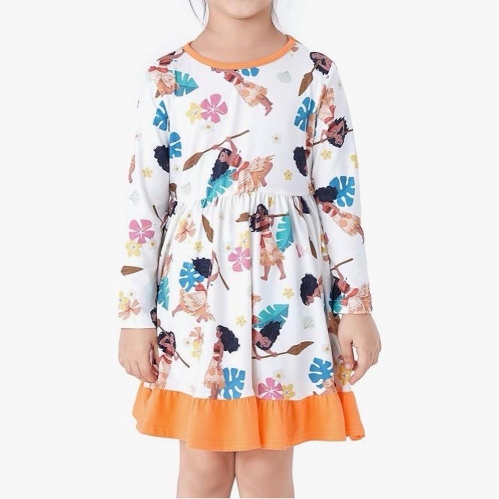 Disney Princess Moana Floral Toddler Girl Dress A Line Long Sleeve Kids Casual - Picture 2 of 8